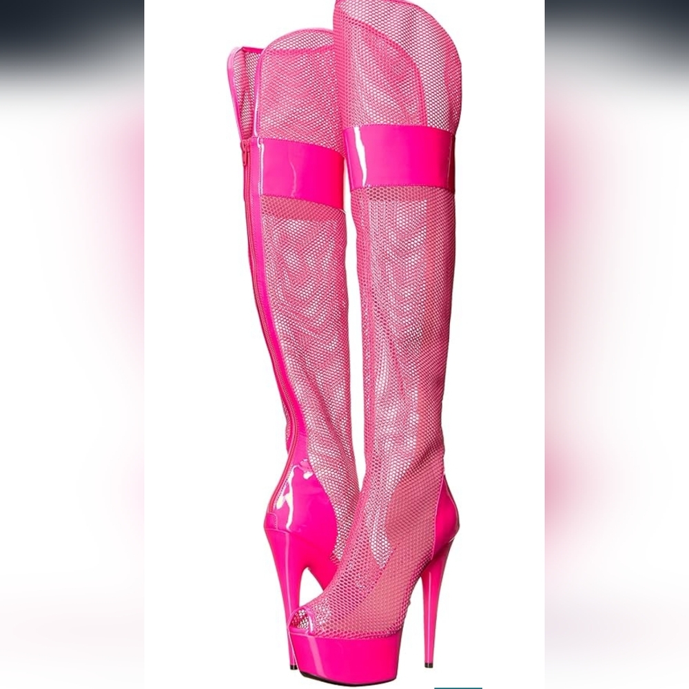 Ellie Shoes Hot Pink Mesh Thigh-High Platform Heels